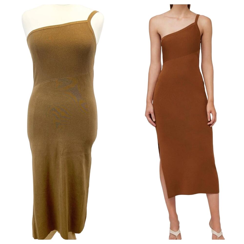NEW House of Harlow 1960 Womens XL Rib Knit Midi Dress One Shoulder Brown Slit‎